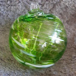 Hanging Glass Ball 4" Diameter Peridot Green & White Witch Ball (1) #114